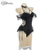 MEOWCOS Women Gothic Swimsuit Black Bat One Piece Swimsuit Dark Bat Style Vintage Bat Design Cross Lace-up Retro Dark Swimwear