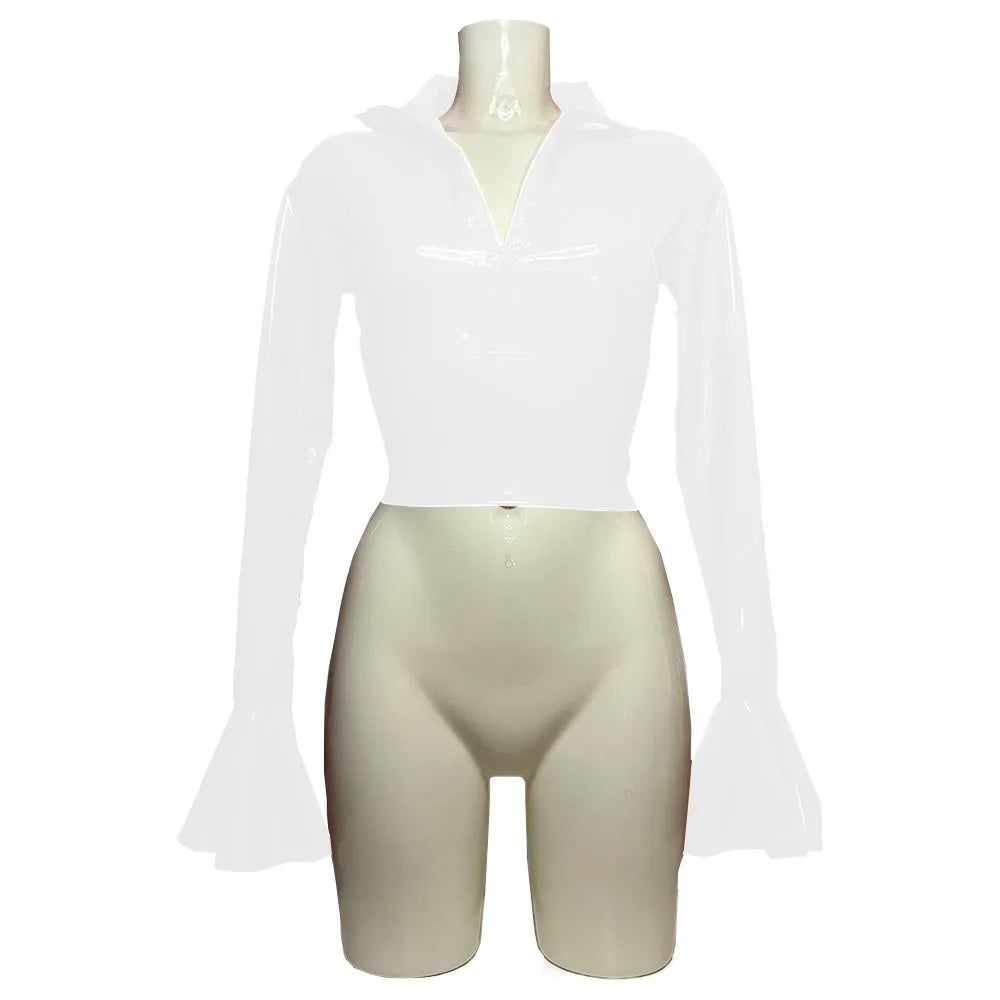 Punk Chic Flare Crop Tops,Long Sleeve,Vintage Pole Dance,Shiny PVC Leather T Shirt,Nightclub Fashion Tees,Female Pullover Blouse