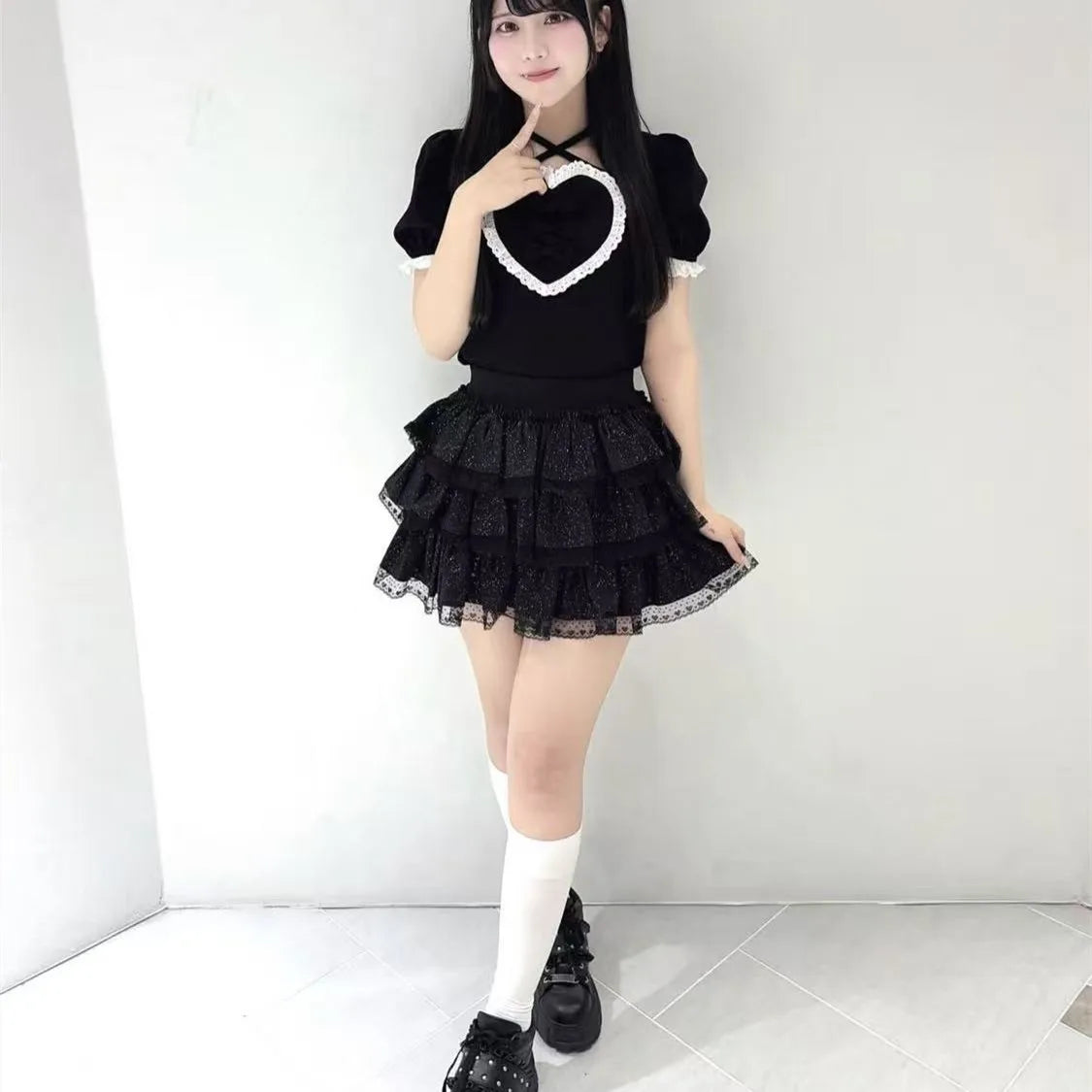 Japanese Sweet Cute Embroidered Lace Heart Bow Lace-up Halter Neck Collar Puff Sleeve Versatile Casual T-shirt Top Women Summer