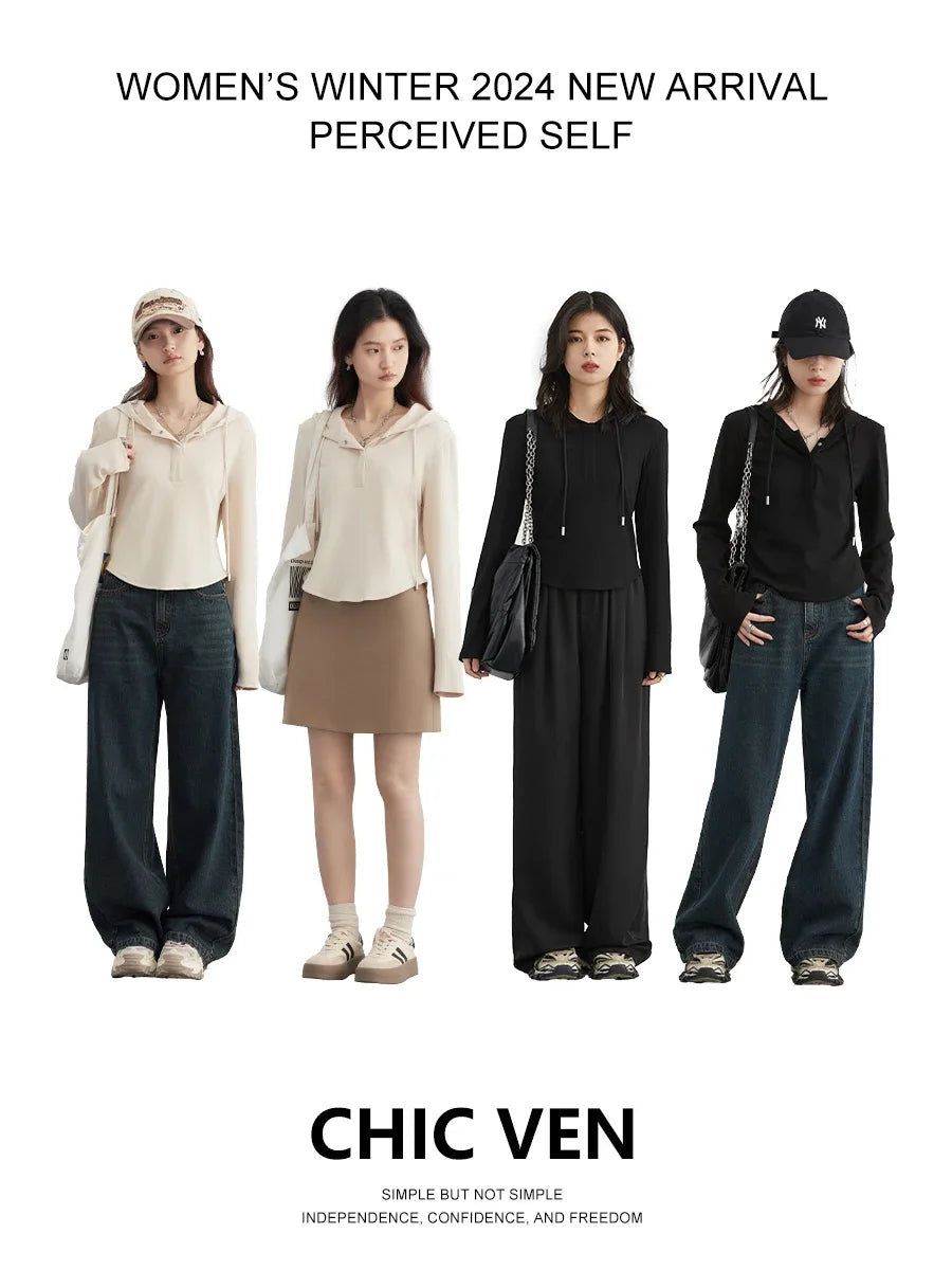 CHIC VEN Women T-Shirts New Casual Hooded Drawstring Layered Long Sleeved Slim Woman Knit Tees Female Tops Spring 2024