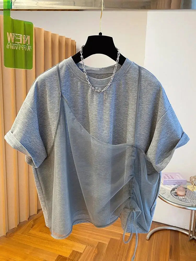 Fashion T Shirt Women Design Sense Niche T-shirt Loose Casual Stitching Vest Short Sleeve Tshirt Fake Two Piece
