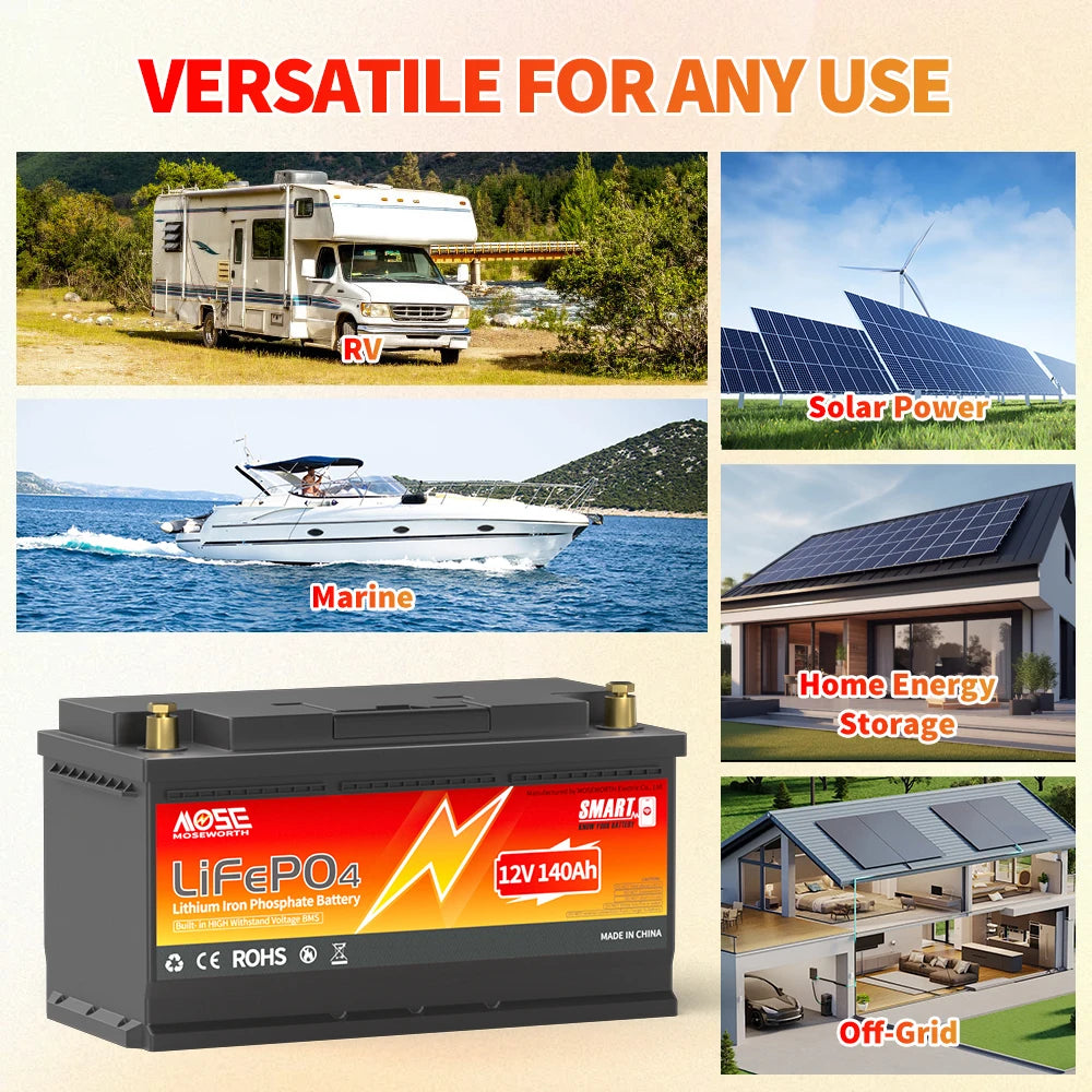 MOSEWORTH 12V 140Ah LiFePO4 Lithium Battery Built-in 100A Smart BMS Deep Cycle LiFePO4 Battery 1792Wh for Trolling Motor RV