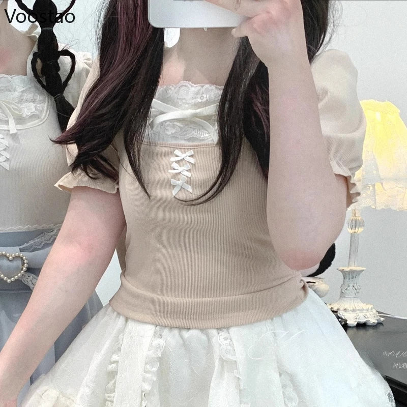 Japanese Kawaii Lolita Style T-shirt Women Sweet Cute Lace Ruffles Puff Short Sleeve Slim Tops Female Gothic Y2k Tee Retro Shirt