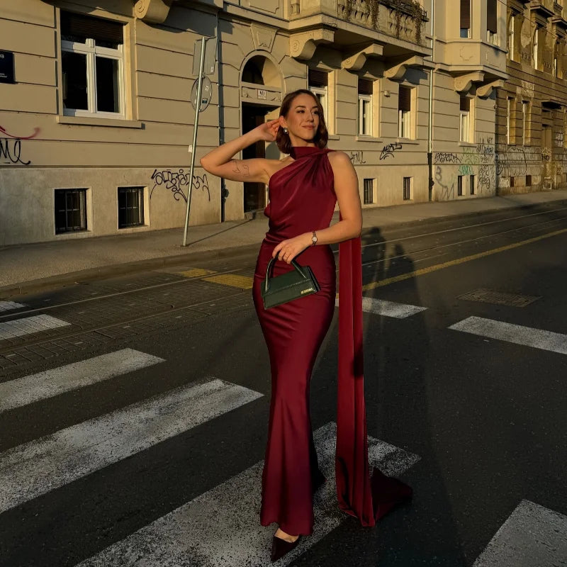 Elegant Satin Ribbons Halter Party Dress Women's Sexy Backless Off Shoulder Sleeveless Robes 2026 Summer New Lady Evening Gowns