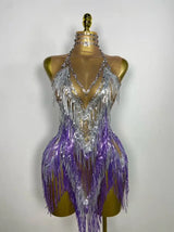 Stock Nightclub Singer Dance Stage Costume Evening Gowns Women Sexy Stretch Mesh Sparkly Rhinestone Tassels Mini Dress