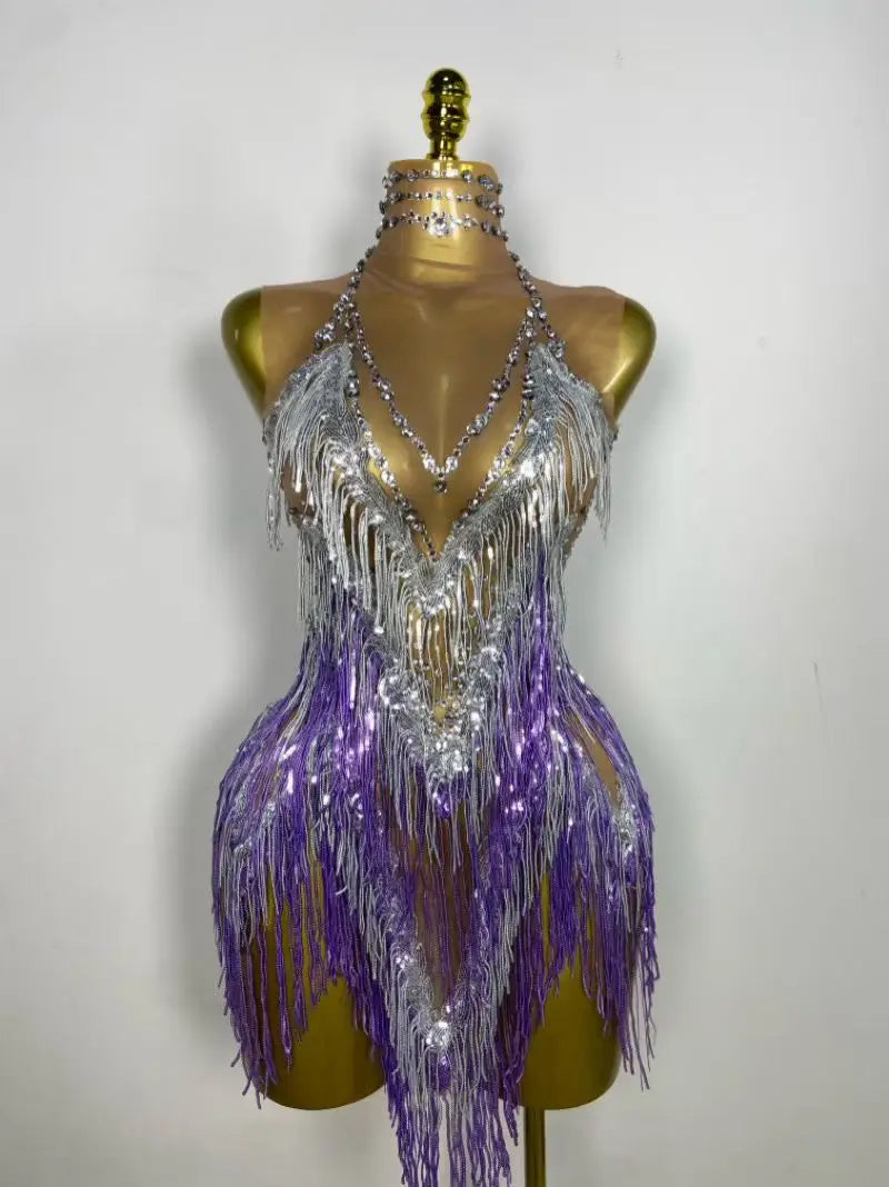 Stock Nightclub Singer Dance Stage Costume Evening Gowns Women Sexy Stretch Mesh Sparkly Rhinestone Tassels Mini Dress
