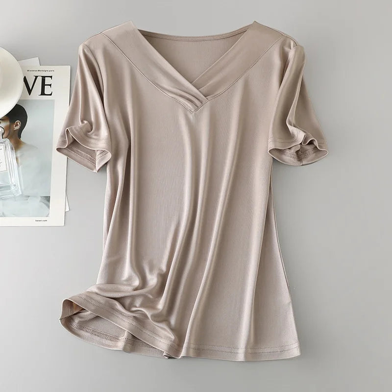 Birdtree, 100% Real Silk Solid T Shirt, V-Neck Soft Casual Tops, Women's Loose Short Sleeve Shirt, 2026 New Clothes T62105JF