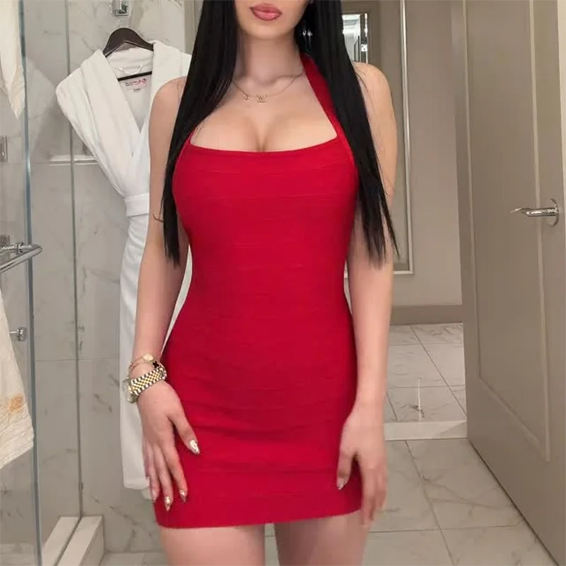 Sexy Bandage U Neck Tank Dresses Women's Slim Ribbed Knit Spaghetti Strap Bodycon Dress 2026 New Ladies Summer Slim Clubwear