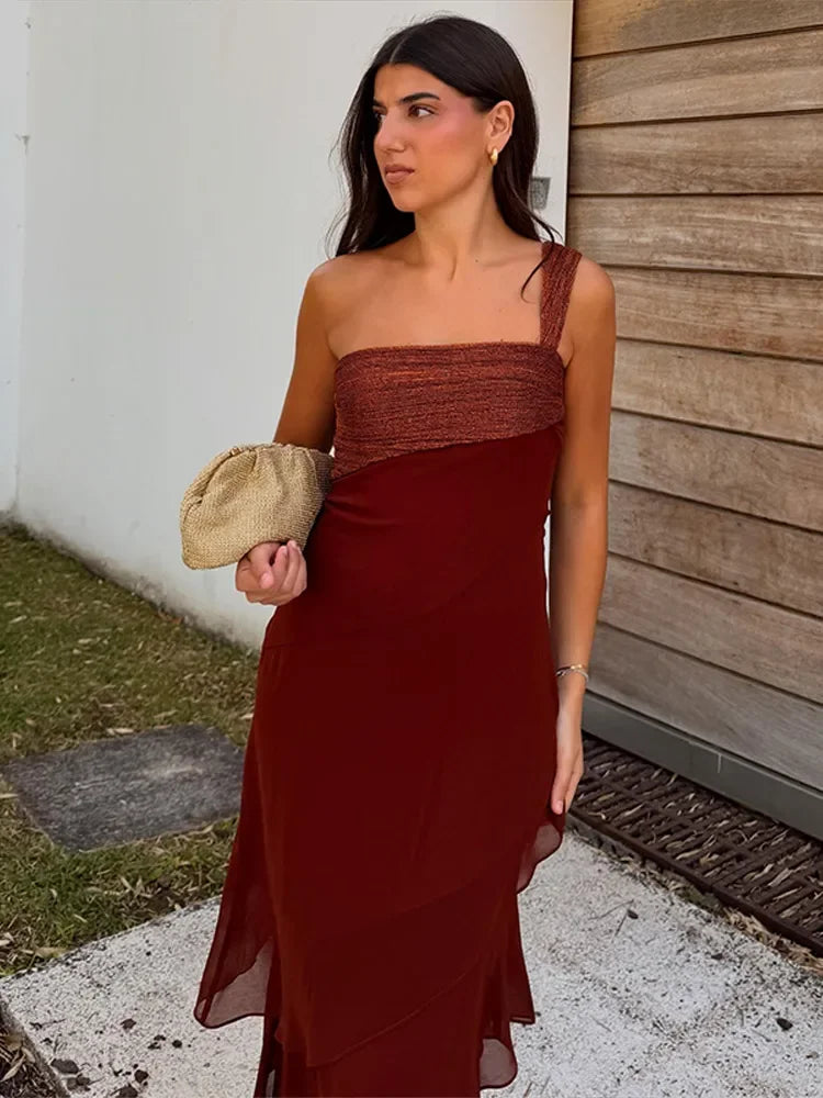 One-shoulder Shiny Chiffon Dress for Women Slim Sleeveless Cascading Ruffle Maxi Dresses 2026 Summer Vacation Party Lady Robes
