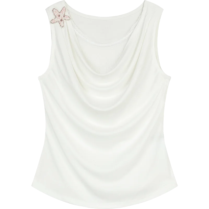 ELFSACK Women's Elegant Sleeveless T‑Shirt with Draped Neck & Polka Dot Lining, Regular Fit Summer Tee, Casual Layering Tops