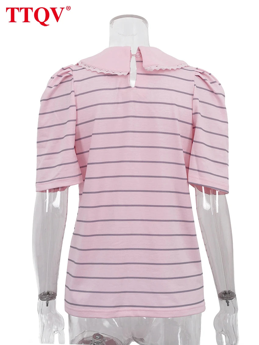 TTQV Summer Loose Stripe Print Women's T-Shirt 2026 Fashion Lapel Short Sleeve T Shirts Elegant Classic Top Female Clothing