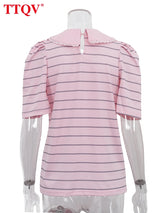 TTQV Summer Loose Stripe Print Women's T-Shirt 2026 Fashion Lapel Short Sleeve T Shirts Elegant Classic Top Female Clothing