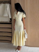 Elegant Solid Women's Dress V-Neck Short Sleeve Pleated Waist-Closed Hip Package Maxi Dresses 2026 Summer Female Vacation Robe