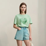 Amii Woman T-shirts 2026 Summer Anti-Bacterial Loose Fit Round Neck Tee Heart Print Cotton Casual Knit Short Sleeve Top 12622026