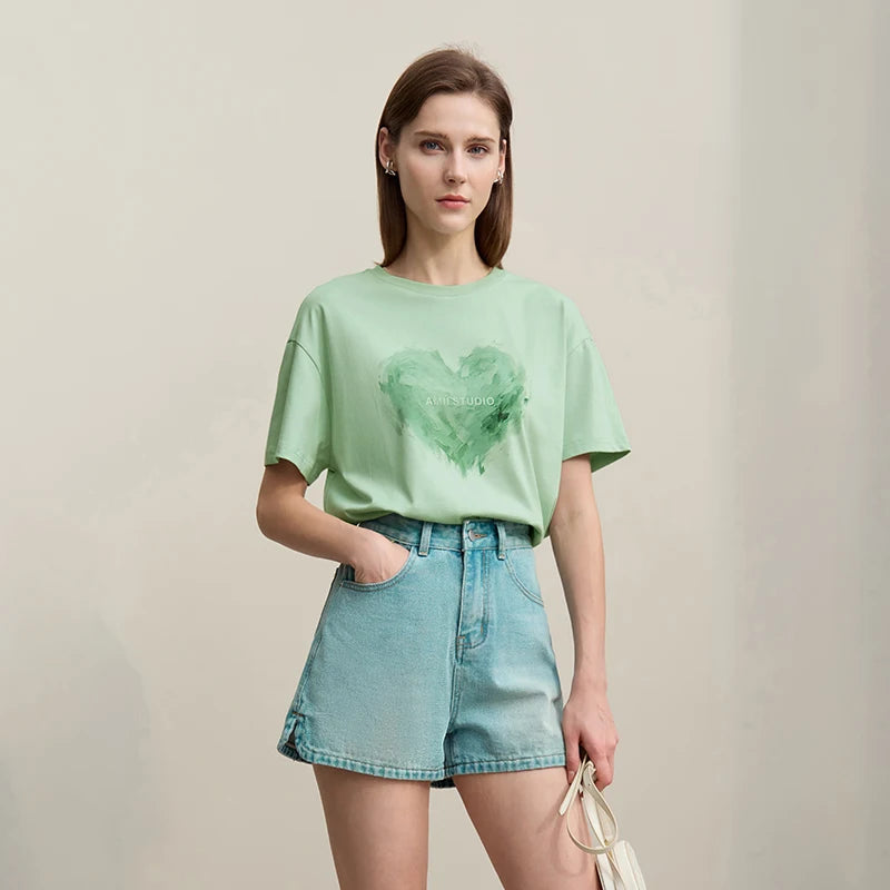Amii Woman T-shirts 2026 Summer Anti-Bacterial Loose Fit Round Neck Tee Heart Print Cotton Casual Knit Short Sleeve Top 12622026