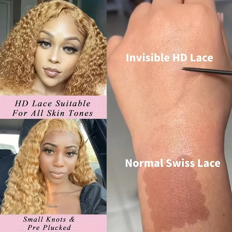 Highlight Deep Wave Lace Front Wigs Honey Blonde HD 13x6 Transparent Frontal Wigs 220 Density #27 Curly Wig Human Hair 26-32Inch