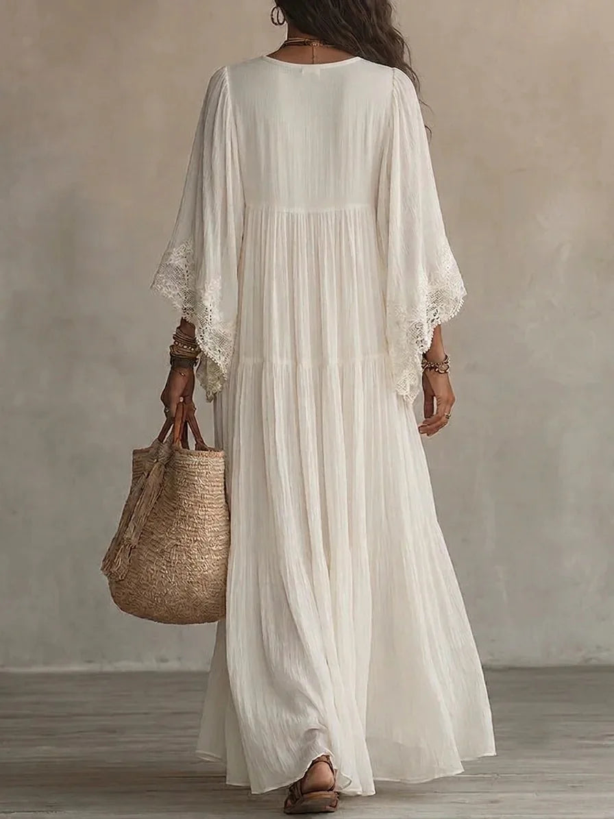 Beach Style Long Dress for Women White V-Neck Batwing Sleeve Lace Splice Elegant Loose Dress Summer Fashion Vacation Dresses