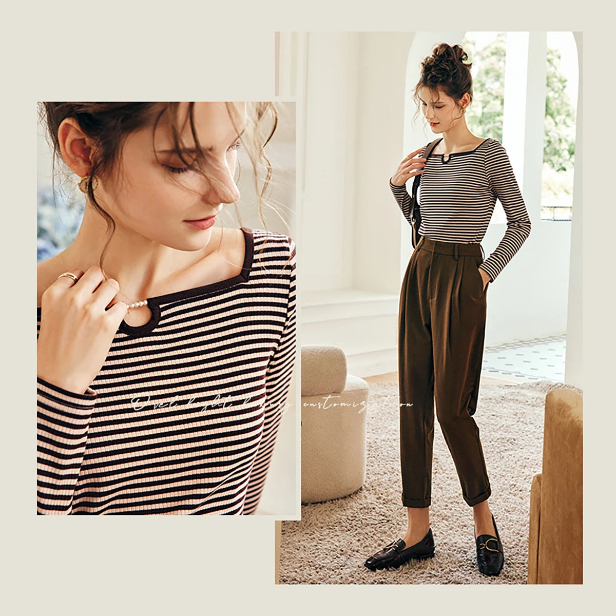OLrain Women's Striped Long Sleeve T-shirt Knitted Tops 2026 Autumn Slim-fit Square Collar Fashion Tee Ladies Clothes O22QT63283