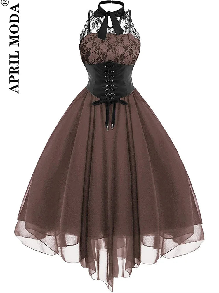 Irregular Hem Black High Waist Gothic Dresses Sleevesless Lace Chiffon Patchwork Aesthetic Goth Harajuku A-Line Dress for Women