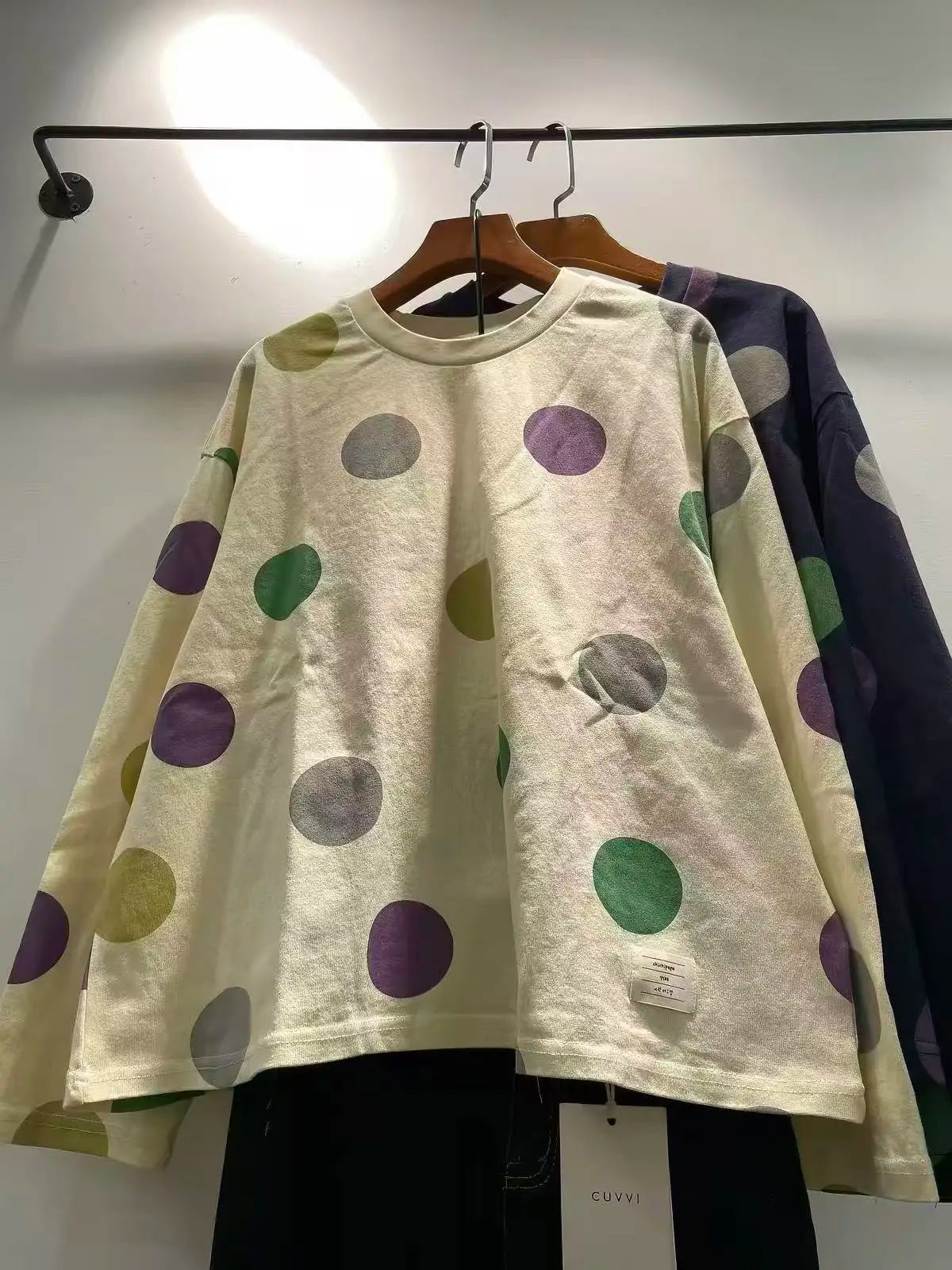 Women's 100% Cotton Colorful Polka Dot Long Sleeve T-Shirt Japanese Style Crew Neck Loose Fit Casual Tee with Printed Big Dots