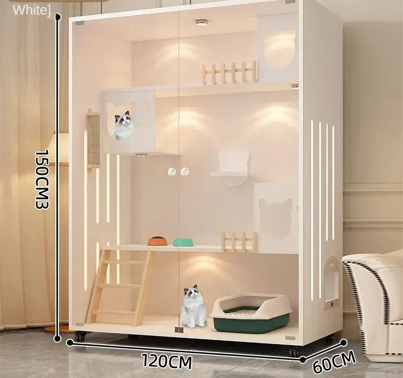 Premium Cream Style Pet Shop Cat Cage Density Board Cat House Double Layer Large Space Glass Door Light