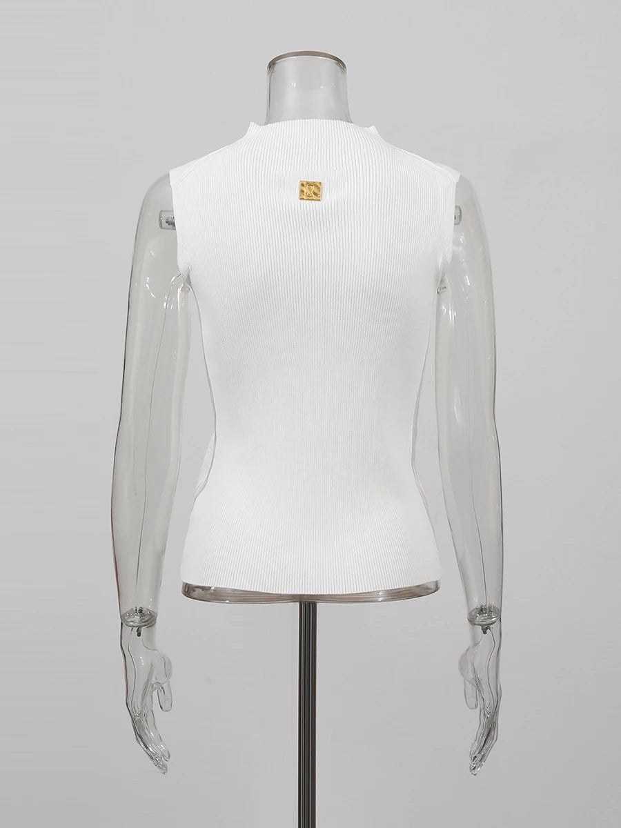 TWOTWINSTYLE Solid Spliced Metal Buckle Slimming T Shirts For Women Turtleneck Sleeveless Minimalist T Shirt Female Fashion New