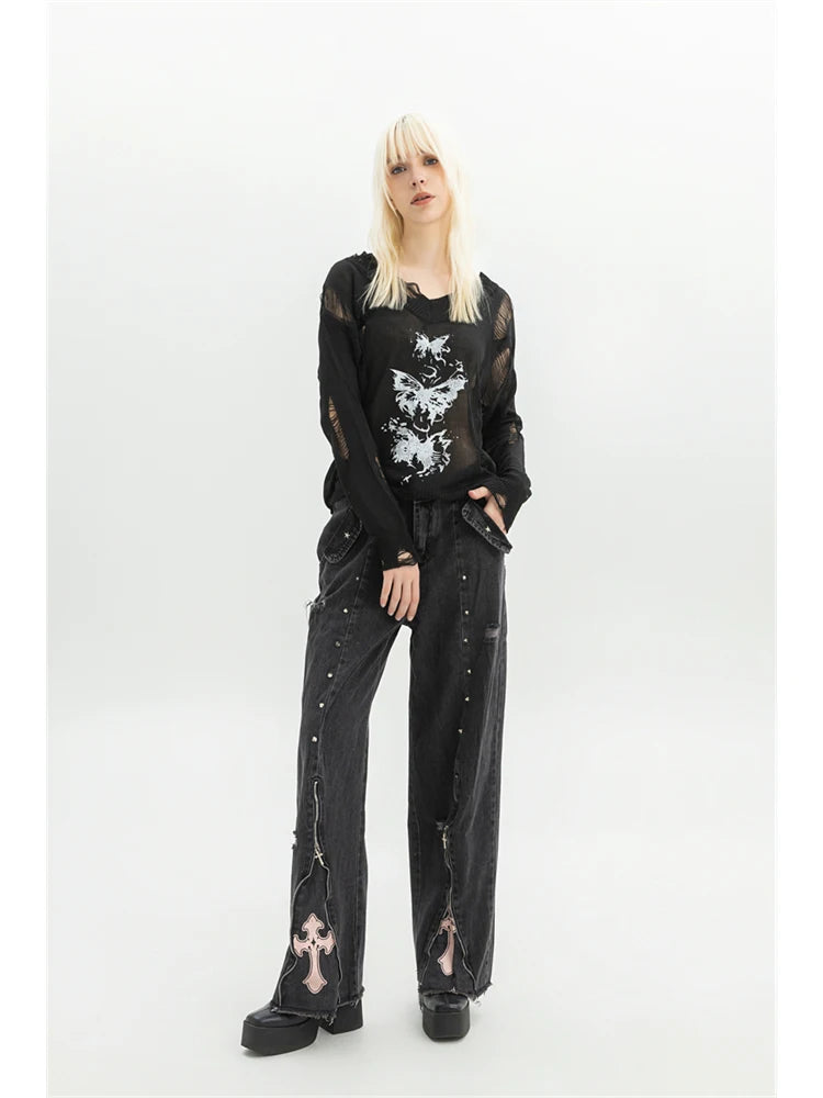 Women's Black Gothic Graffiti Print T-shirt Harajuku Korean Y2k 90s Vintage Long Sleeve Emo Torn T-shirts Clothes 2000s Summer