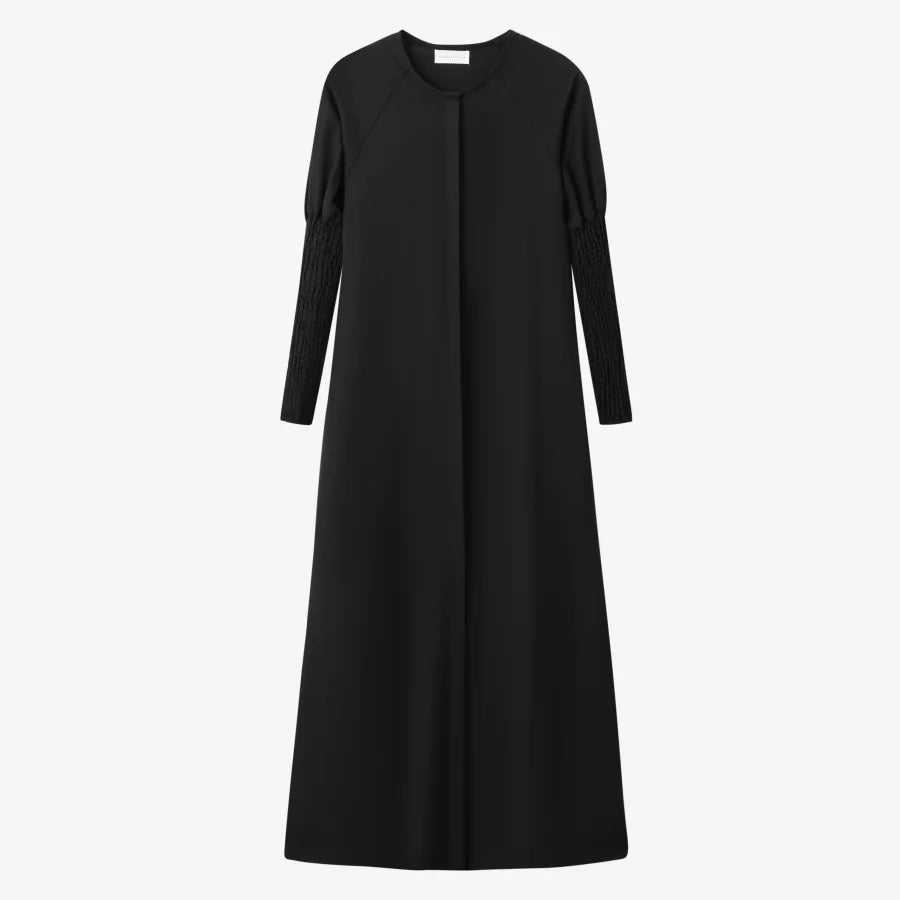 AS AW25 linen smocking sleeve dress high quality linen lady clothes hidden button down design