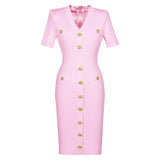 2025 Spring/Summer New Fashion Knitted Elastic Short Sleeve Solid Color Gold Button Slimming Style Commuter Women's Dress