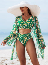 Women 3 Piece Bikini Set High Waist Swimsuit with Cover Up Push Up Padded Printing Swimwear Quick Dry Stretchy Bathing Suit