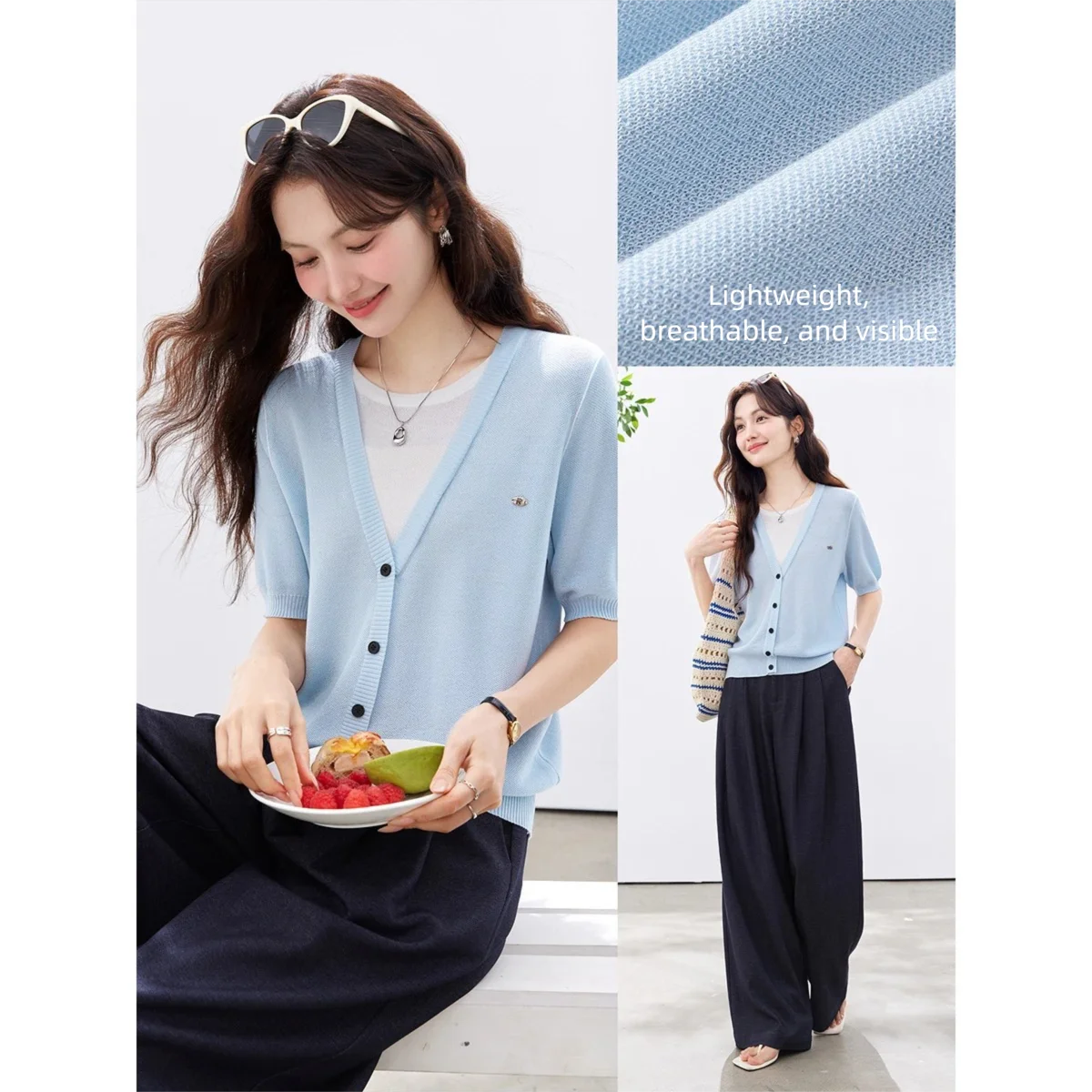 VIMLY Women's Office 2 in 1 Knit T-shirt 2026 Summer New Light Blue Fashion Casual Contrast Color Design Short Sleeve Top 30932