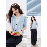 VIMLY Women's Office 2 in 1 Knit T-shirt 2026 Summer New Light Blue Fashion Casual Contrast Color Design Short Sleeve Top 30932