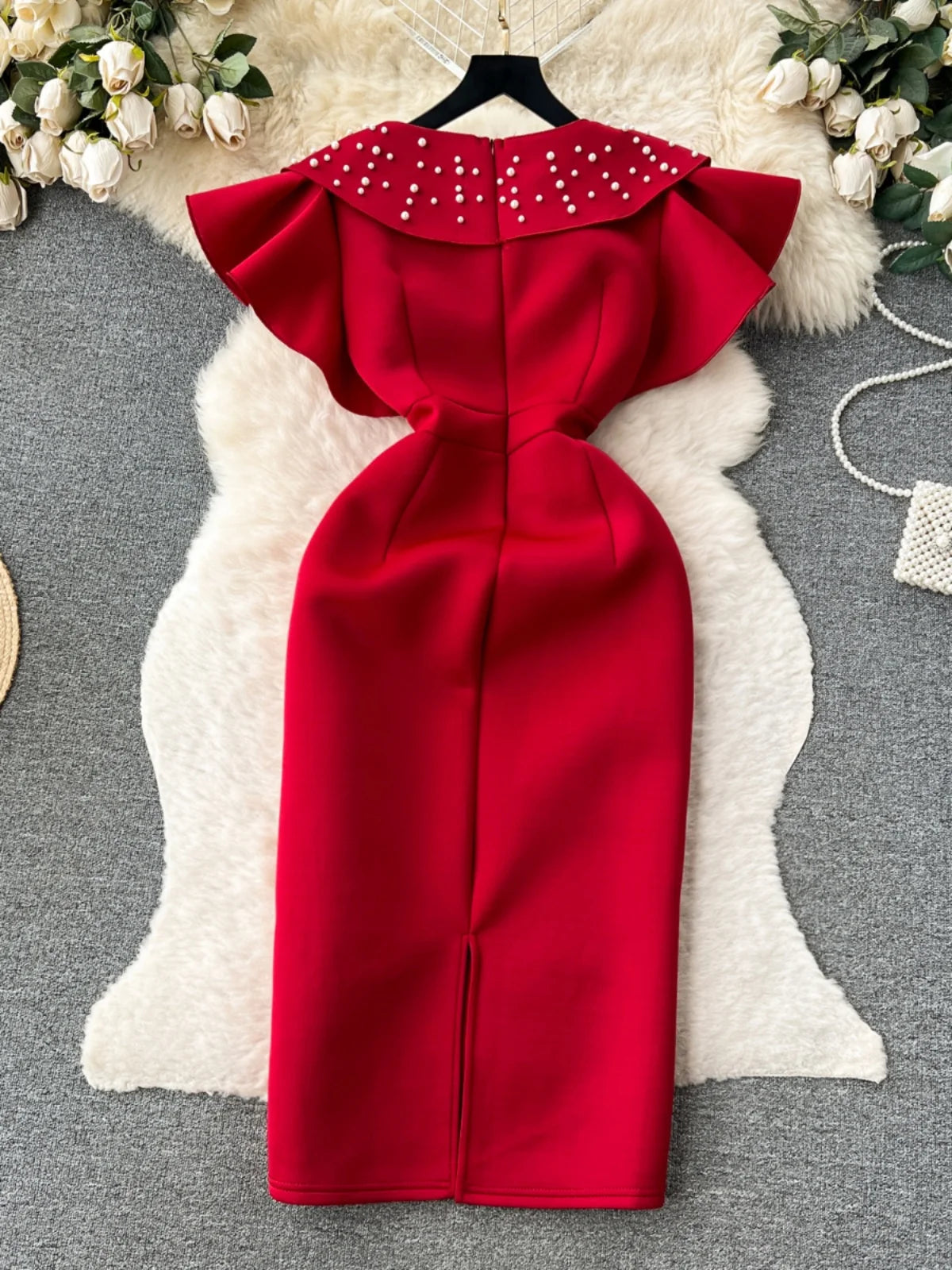 Ele Retro Beaded round Ne Svel Dr Women's Waist Cinching Slimming High End Feeling Aosphere Long Dr