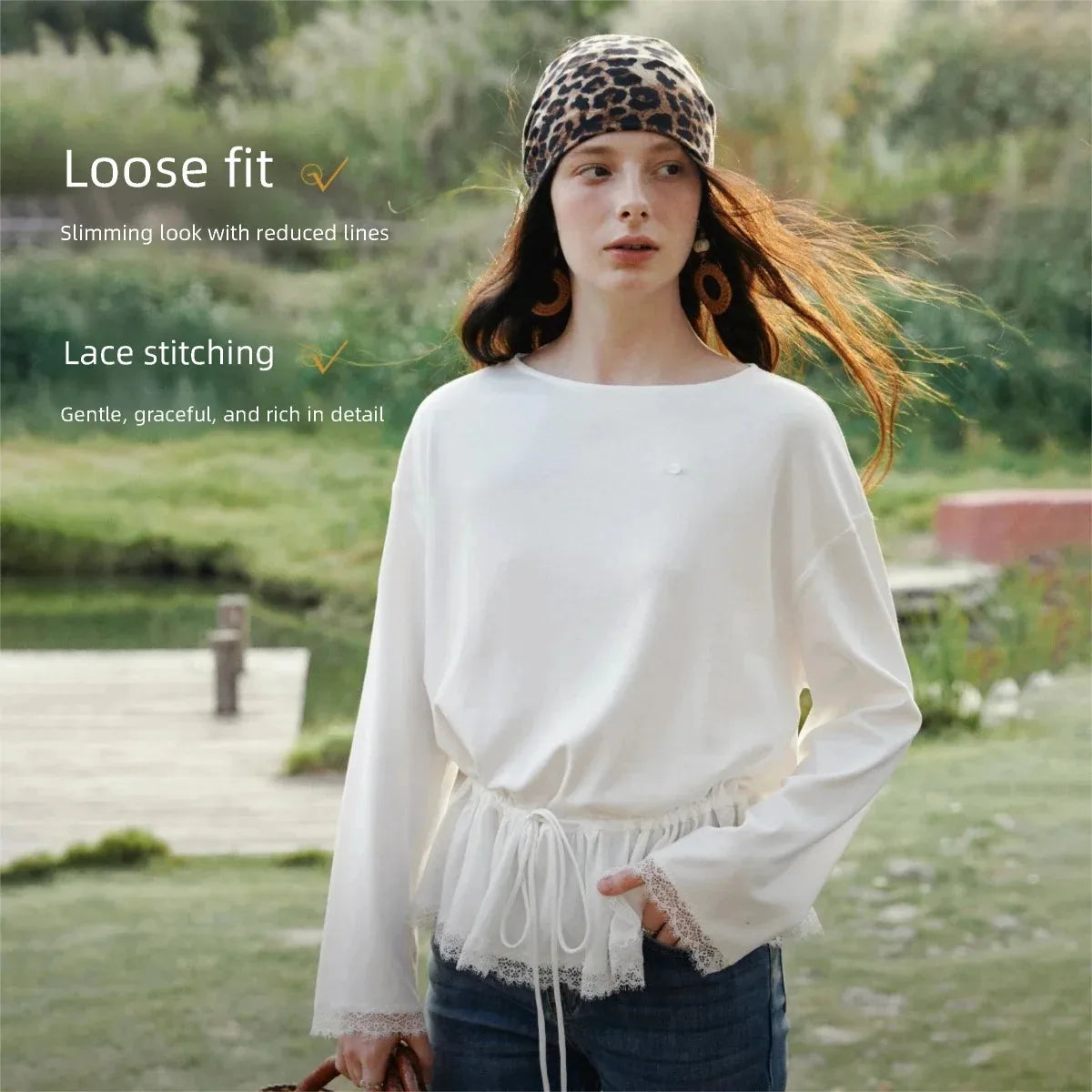 OLrain Women's White T-shirt Elegant Spliced Lace O-neck Tops Spring 2026 French Draw String Waist Cotton Woman Tees O58CT002602