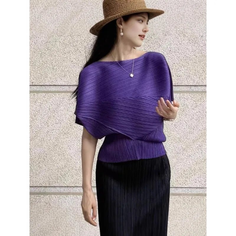 Pleated Top 2026 New Round Neck Short Sleeve Batwing T-Shirt Women Summer Lightweight Vacation Travel Women's Clothing