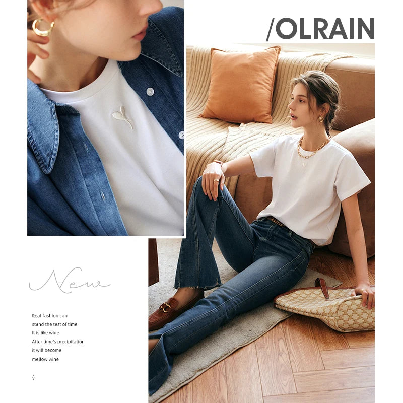 OLrain Embroidered T-shirt Woman 2026 Spring Summer Straight Commute White Cotton Casual Short Sleeve Basic Tops O22XT53052