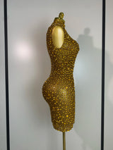 Women Luxury Gold Rhinestone Sexy Mesh Short Dress Sparkly Stage Costume Elegant Party Birthday Dresses Nightclub Singer Outf