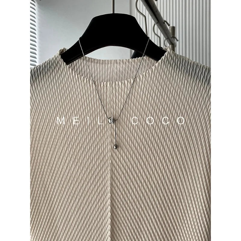 Miyake Pleated T-Shirt 2026 Luxurious Solid Pleats Short Sleeve T-Shirt Summer New Versatile Slim Elegant Round Neck Top Women