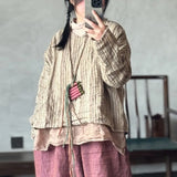 Johnature Women Vintage Striped T-Shirts V-Neck Long Sleeve Loose Linen Tees 2025 New Spring Chinese Style Female T-Shirts