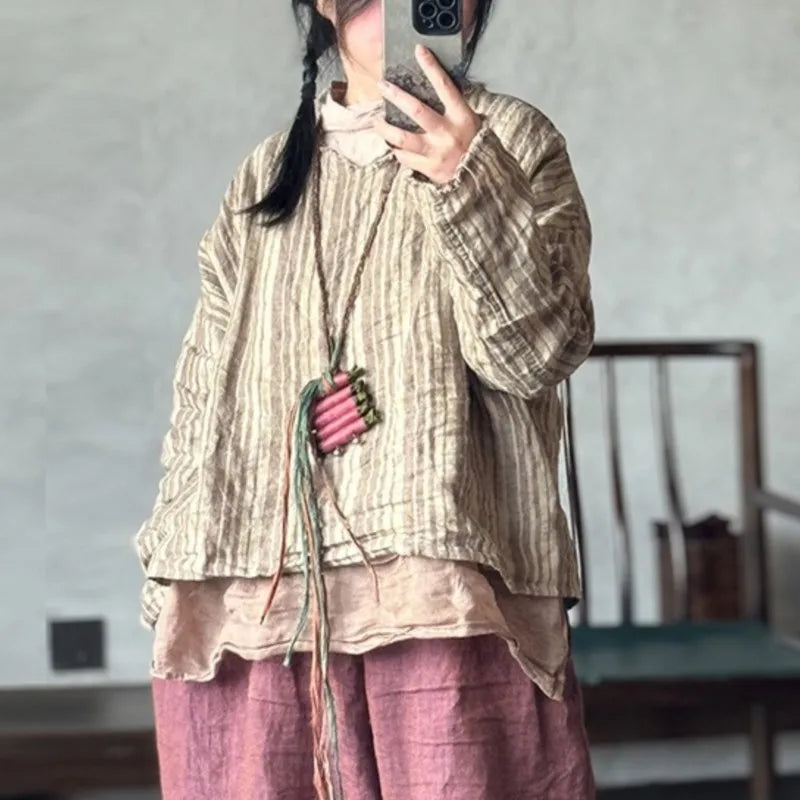 Johnature Women Vintage Striped T-Shirts V-Neck Long Sleeve Loose Linen Tees 2025 New Spring Chinese Style Female T-Shirts