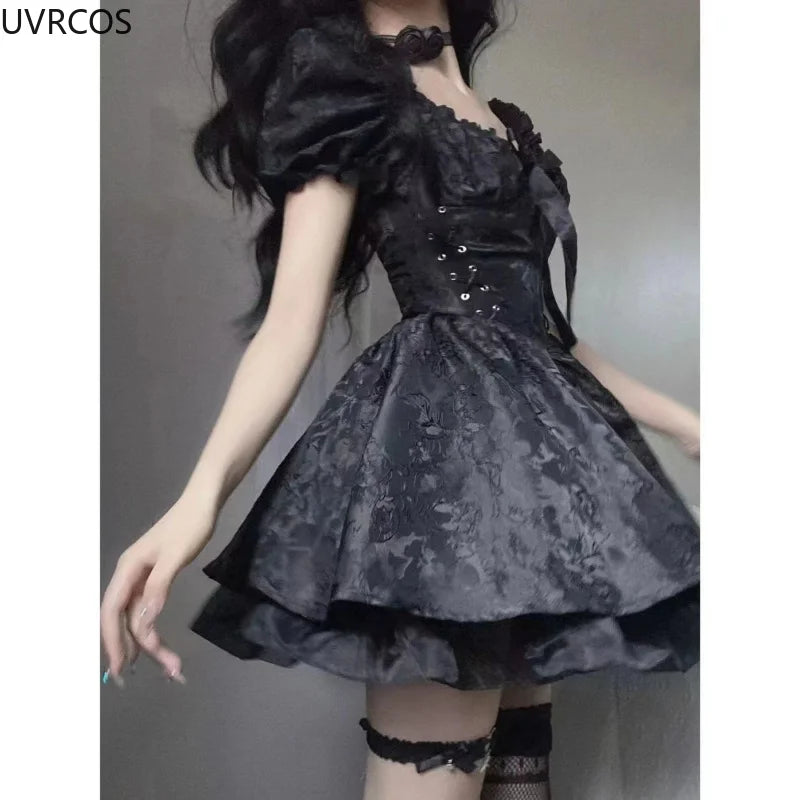 Japan Vintage Gothic Lolita Dress Women Black Square Puff Sleeve Jacquard Design Party Dresses Female A-line Cute Bow Mini Dress