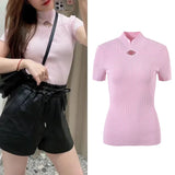 Pink Women Hollow Out Slim Simple Knitted Tee O-Neck Short Sleeve Tops Summer