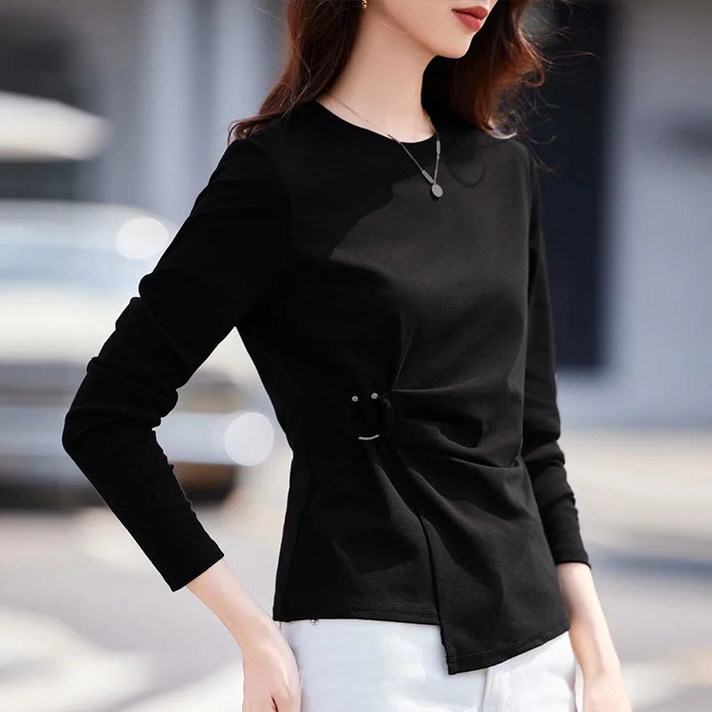 Wine Red Long Sleeved T-Shirt for Women's Autumn New High-End Fashion Cotton Plus Size Asymmetrical Splicing Casual Top