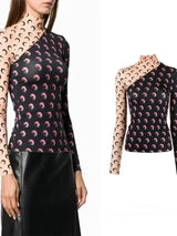 Women's Moon Print Long Sleeve Layered Splicing T-Shirt Uv Protection Slim Fit Casual Top for Daily Commute Streetwear
