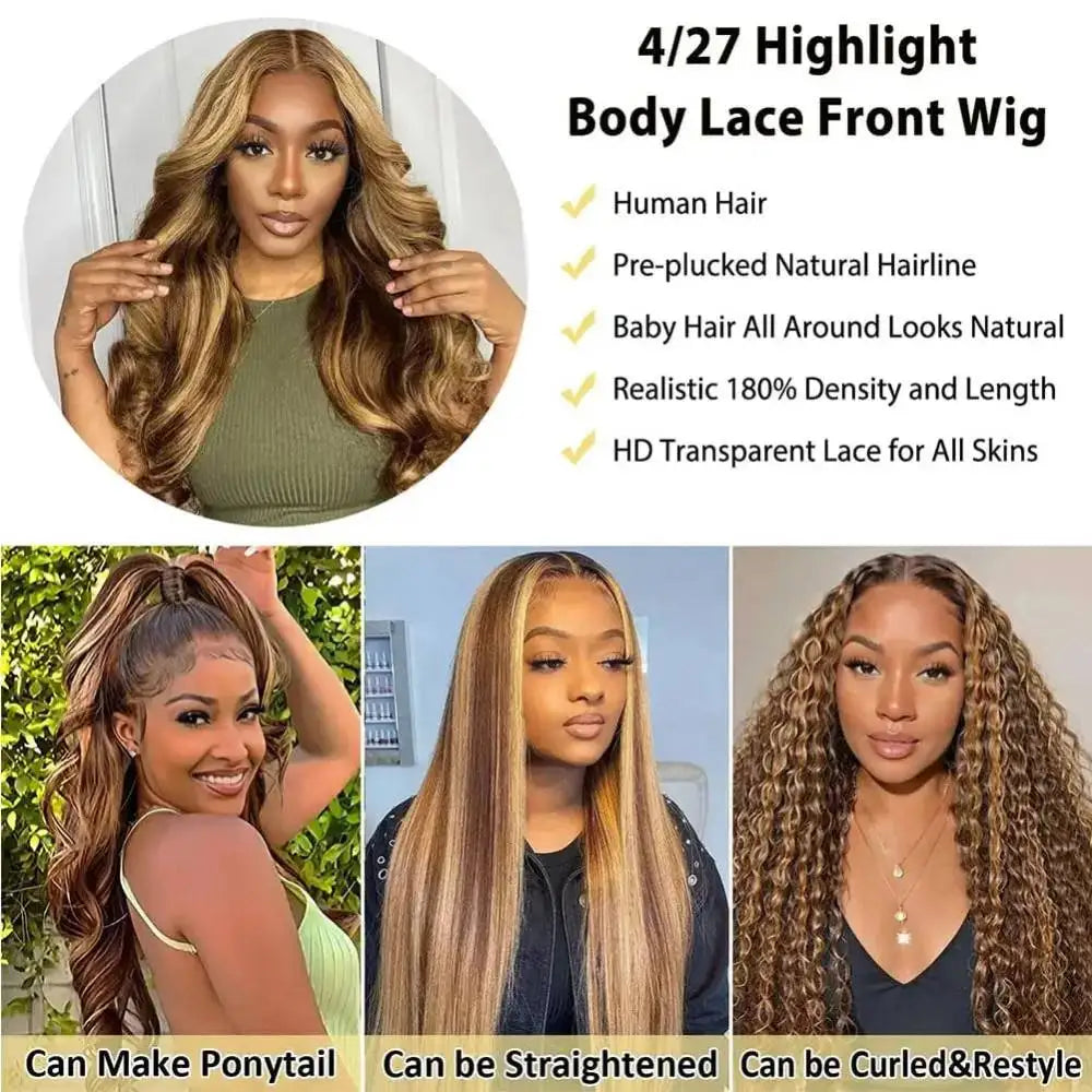180% 200% Density Remy Human Hair Body Wave Wigs P4/27 Highlight Colored 13x4 13x6 HD Transpatent Lace Frontal Wig 18-46 Inch Pre Plucked Hair For Women