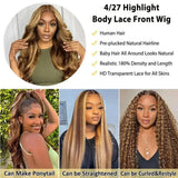 180% 200% Density Remy Human Hair Body Wave Wigs P4/27 Highlight Colored 13x4 13x6 HD Transpatent Lace Frontal Wig 18-46 Inch Pre Plucked Hair For Women
