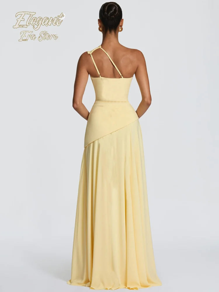 Pale Yellow One Shoulder Ruched Maxi Dress Women Fashion Asymmetrical High Waist Flowing Chiffon Dresses Lady Daily Party Gowns