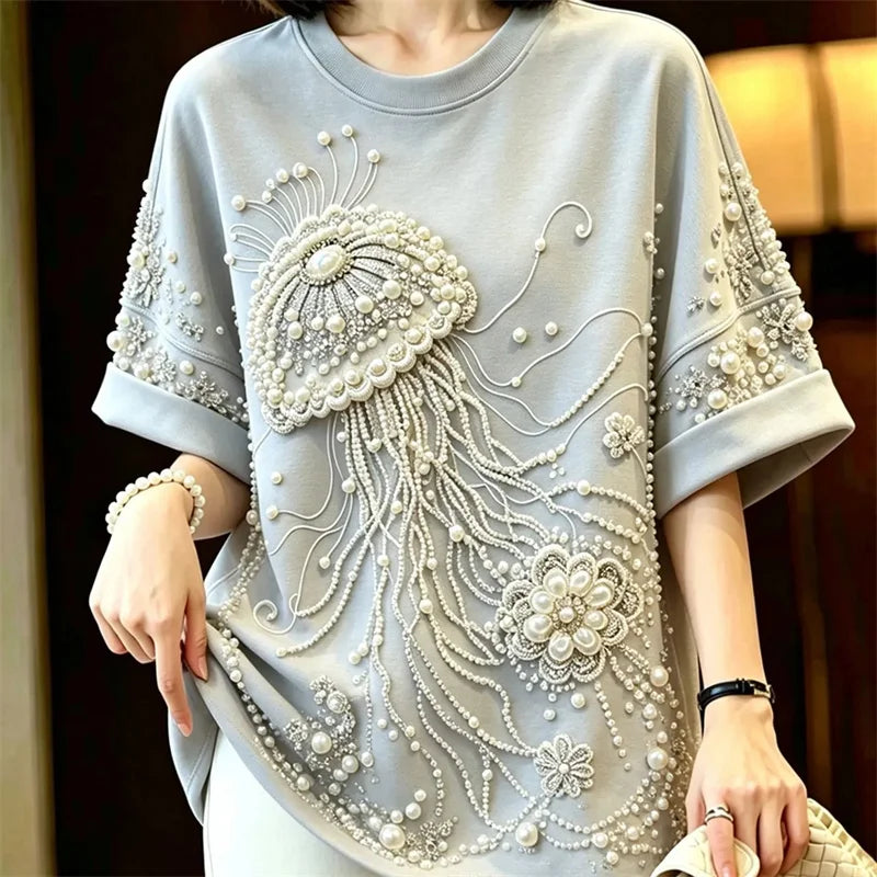 Summer Autumn Fashion Heavy Industry Nail Bead Jellyfish Embroidery T-shirt Women Tshirt Blouse Loose Short Sleeved Top Female
