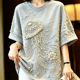 Summer Autumn Fashion Heavy Industry Nail Bead Jellyfish Embroidery T-shirt Women Tshirt Blouse Loose Short Sleeved Top Female