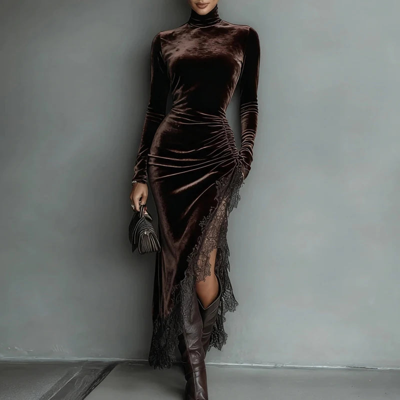 Velvet Patchwork Lace Slit Long Party Dress Woman Autumn Turtleneck Slim Pleated Boho Dress Winter Long Sleeve Hollow Maxi Dress